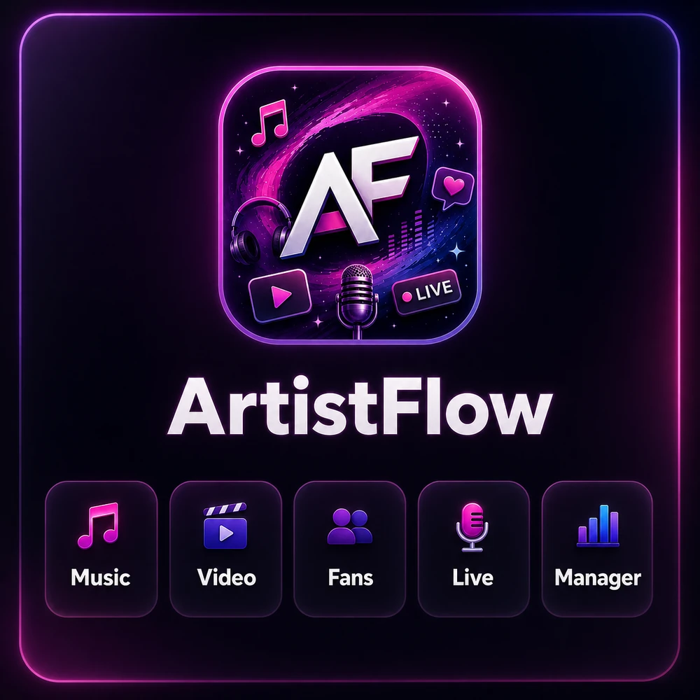 ArtistFlow platform card showing music, video, fans, live, and manager features