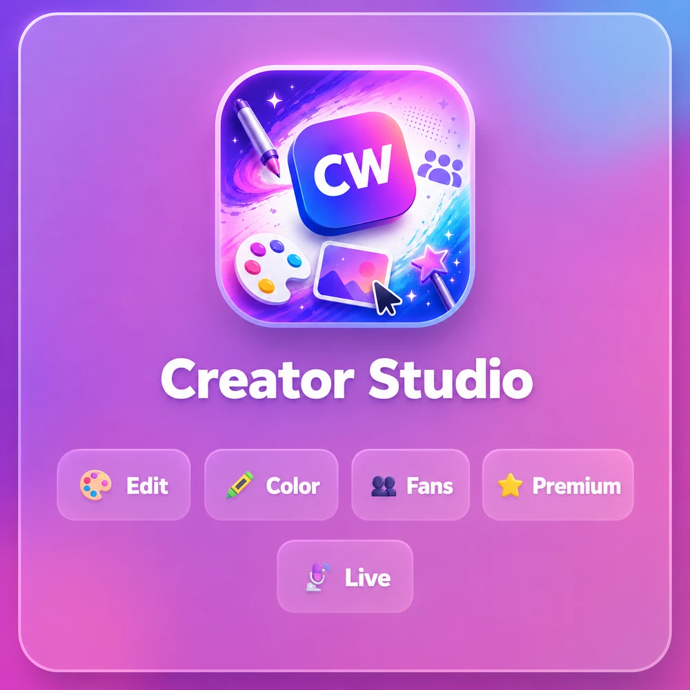 CW Creator Studio platform card showing editing, coloring, fans, premium content, and live features